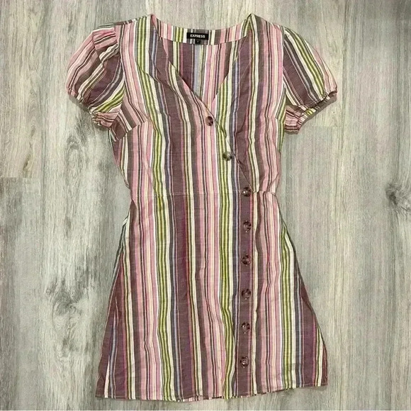Express Short Sleeve Mini Dress Striped Button Front V-Neck 100% Cotton Size S - Picture 1 of 8